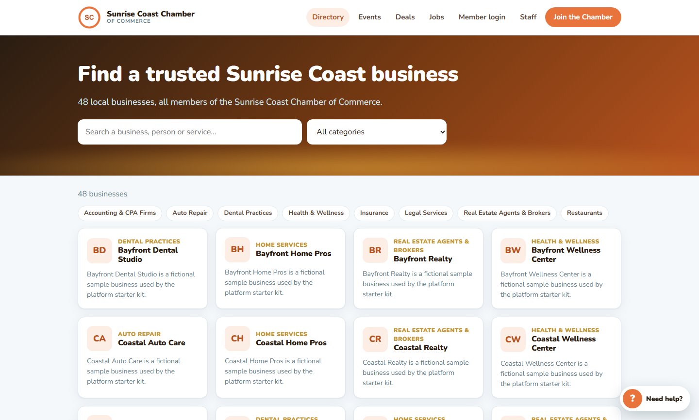 ChamberCom public member directory with search and categories