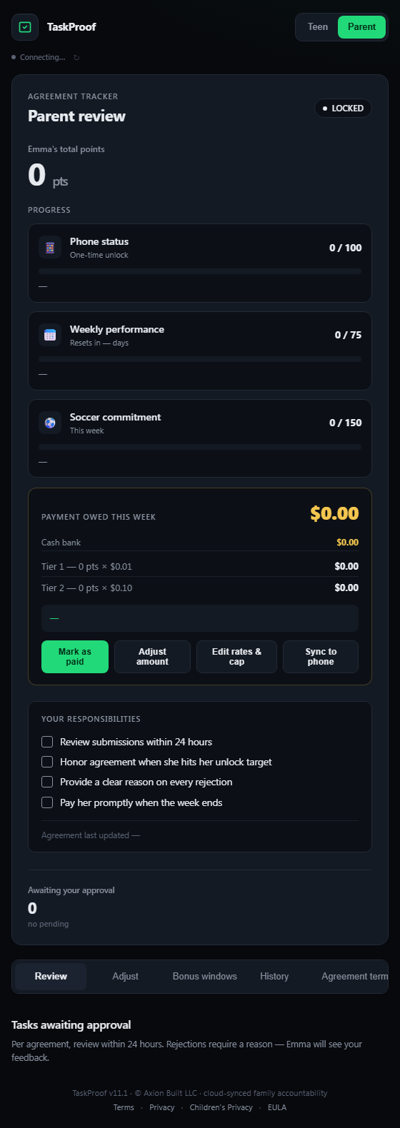 TaskProof parent view — review queue, progress and payment tracker