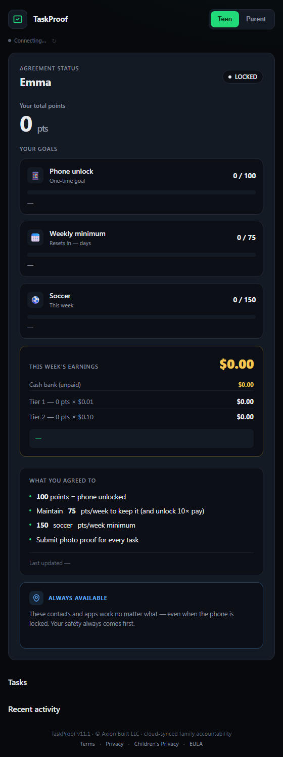 TaskProof teen view — agreement status, goals, points and weekly earnings