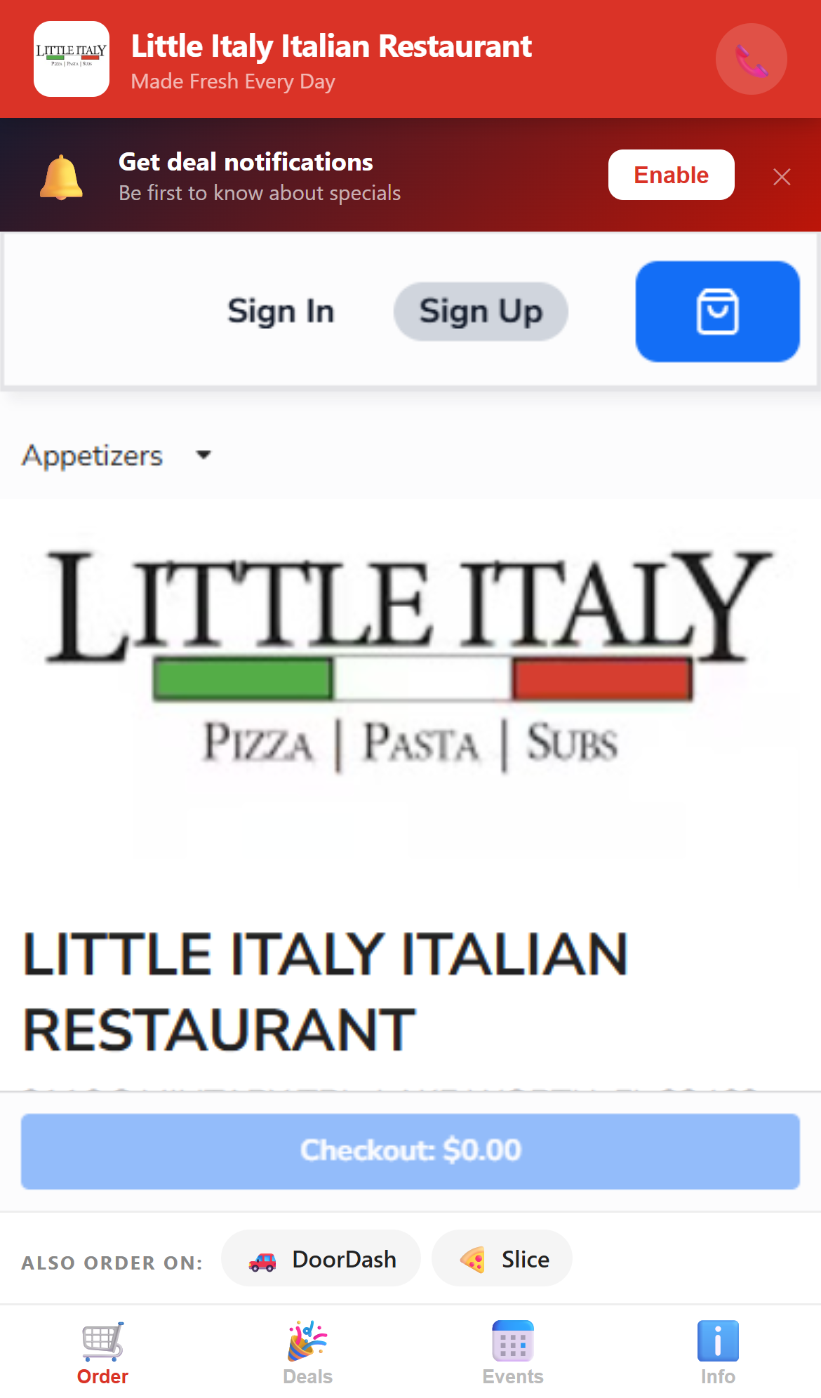 Little Italy Italian Restaurant — TrussTab branded ordering app