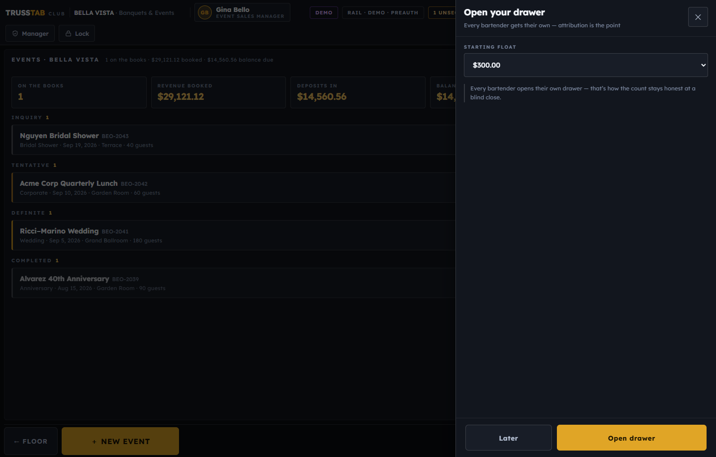 TrussTab POS events desk — banquet bookings with deposits and balances